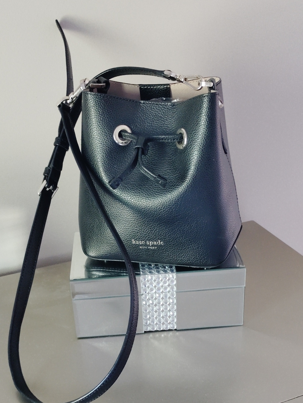 Kate Spade small Black pebbled leather drawstring crossbody Bucket Bag